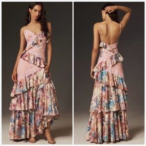 BHLDN Elora Sleeveless V-Neck Ruffle Lace Maxi Dress